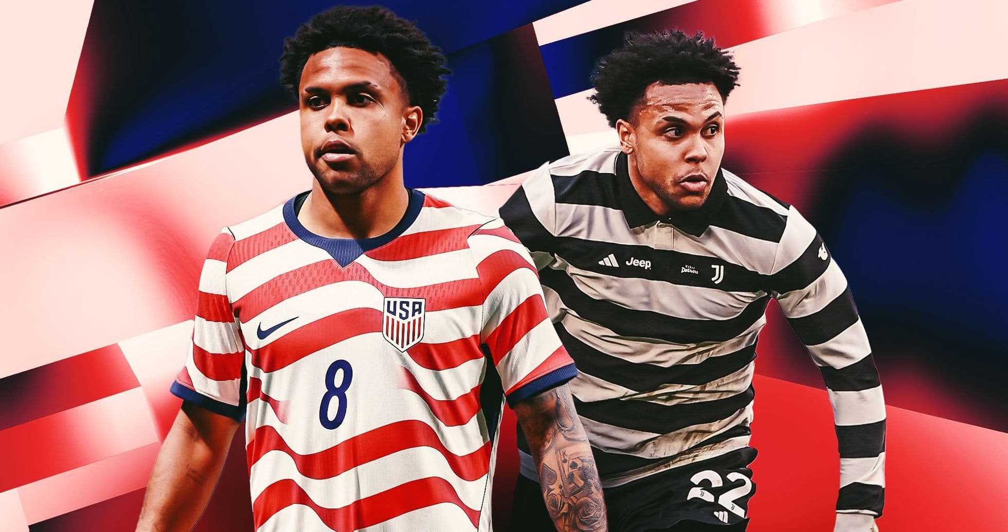 Player in USA and Juventus jerseys, graphic background