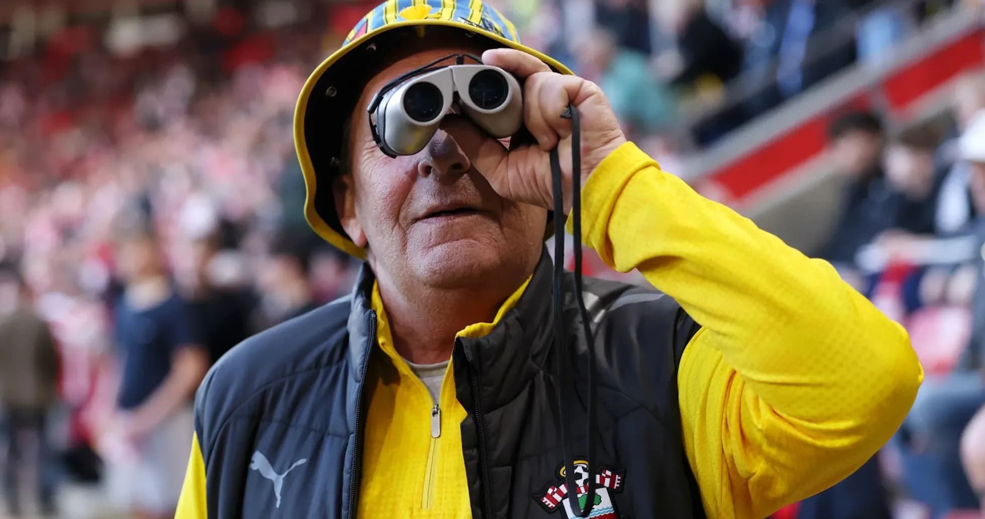 Fan wearing binoculars and team colors at stadium