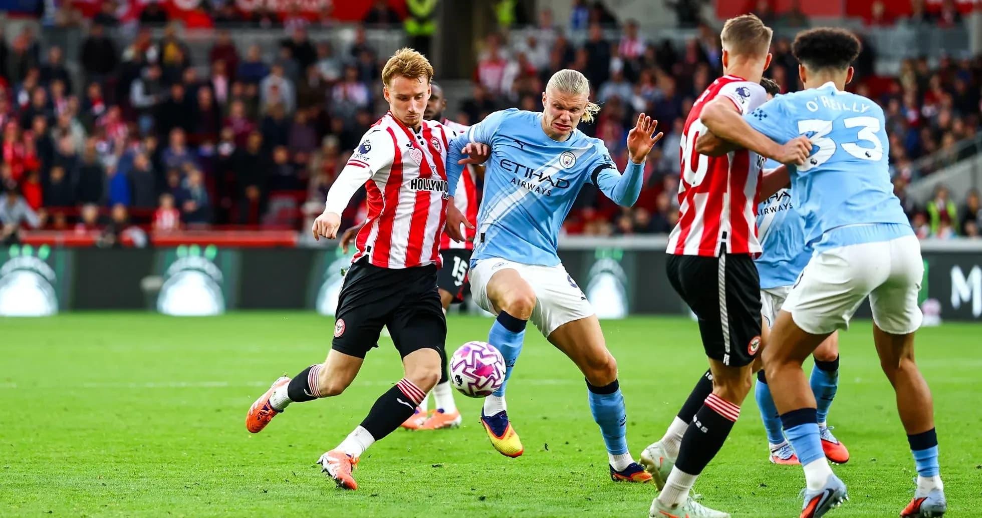Manchester City players in action against Brentford