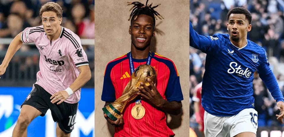 Three soccer players in action and celebration poses