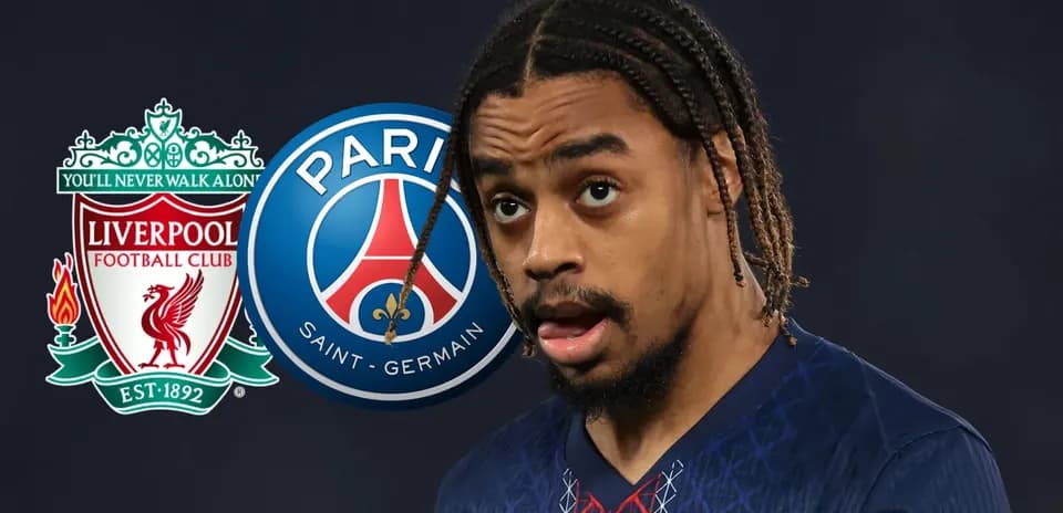 Player with Liverpool and PSG logos in background