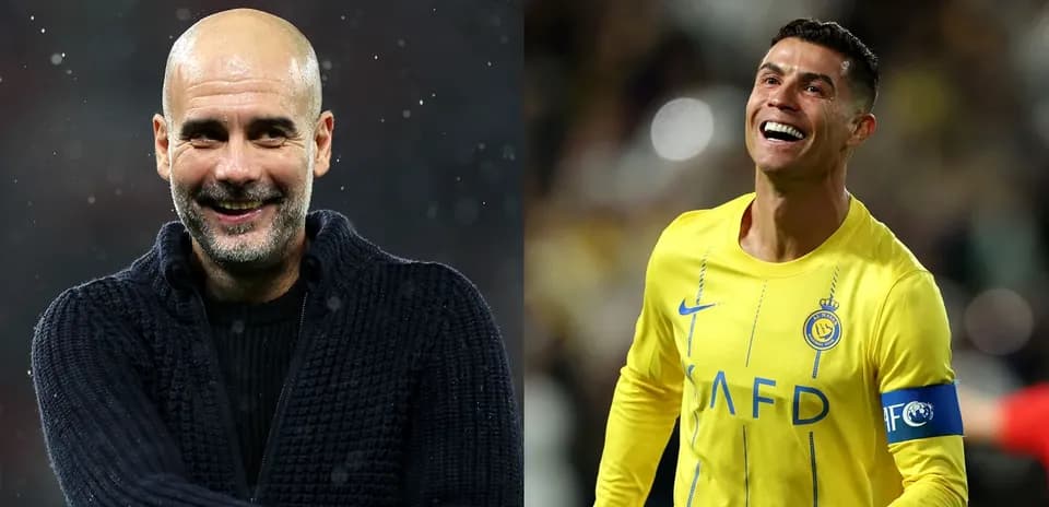 Pep Guardiola smiling and Cristiano Ronaldo celebrating goal