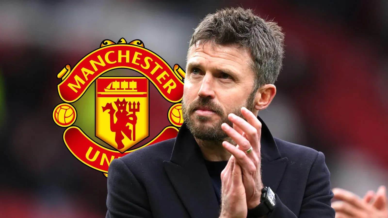 Manager applauding with Manchester United logo background