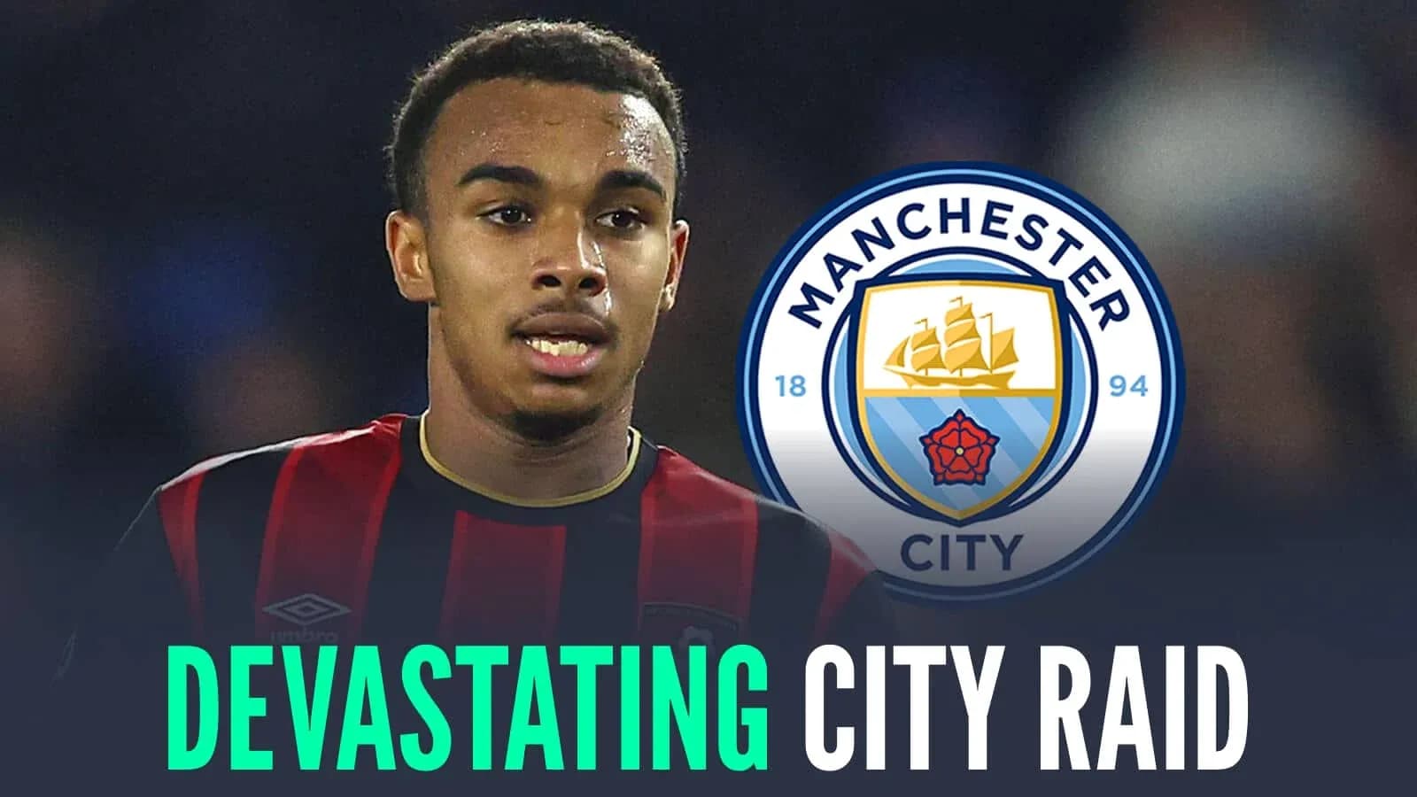 Player wearing black and red jersey with Manchester City logo
