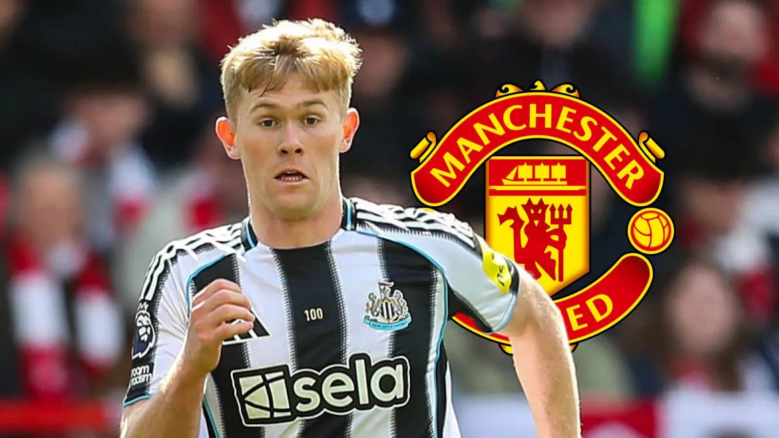 Newcastle player running with Manchester United logo behind