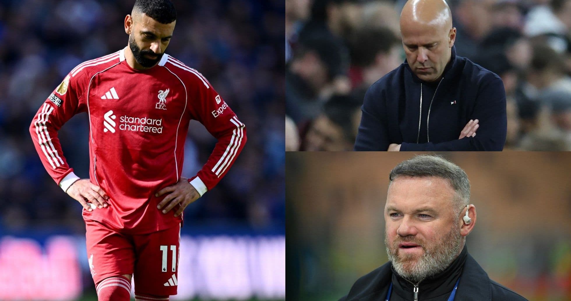 Liverpool player with head down, coaches in contemplation