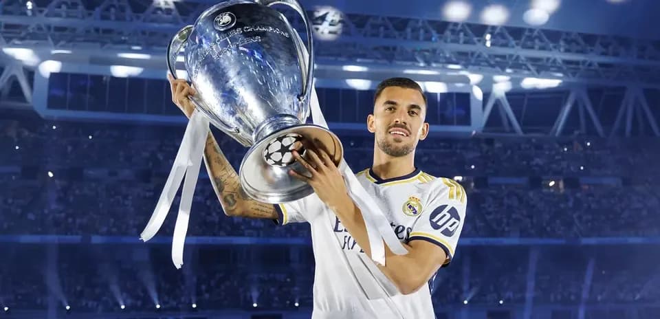 Player celebrating with UEFA Champions League trophy