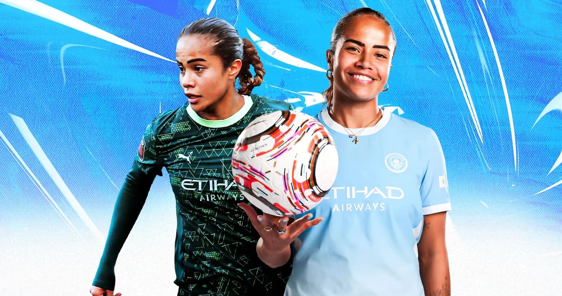 Two female soccer players posing with a ball
