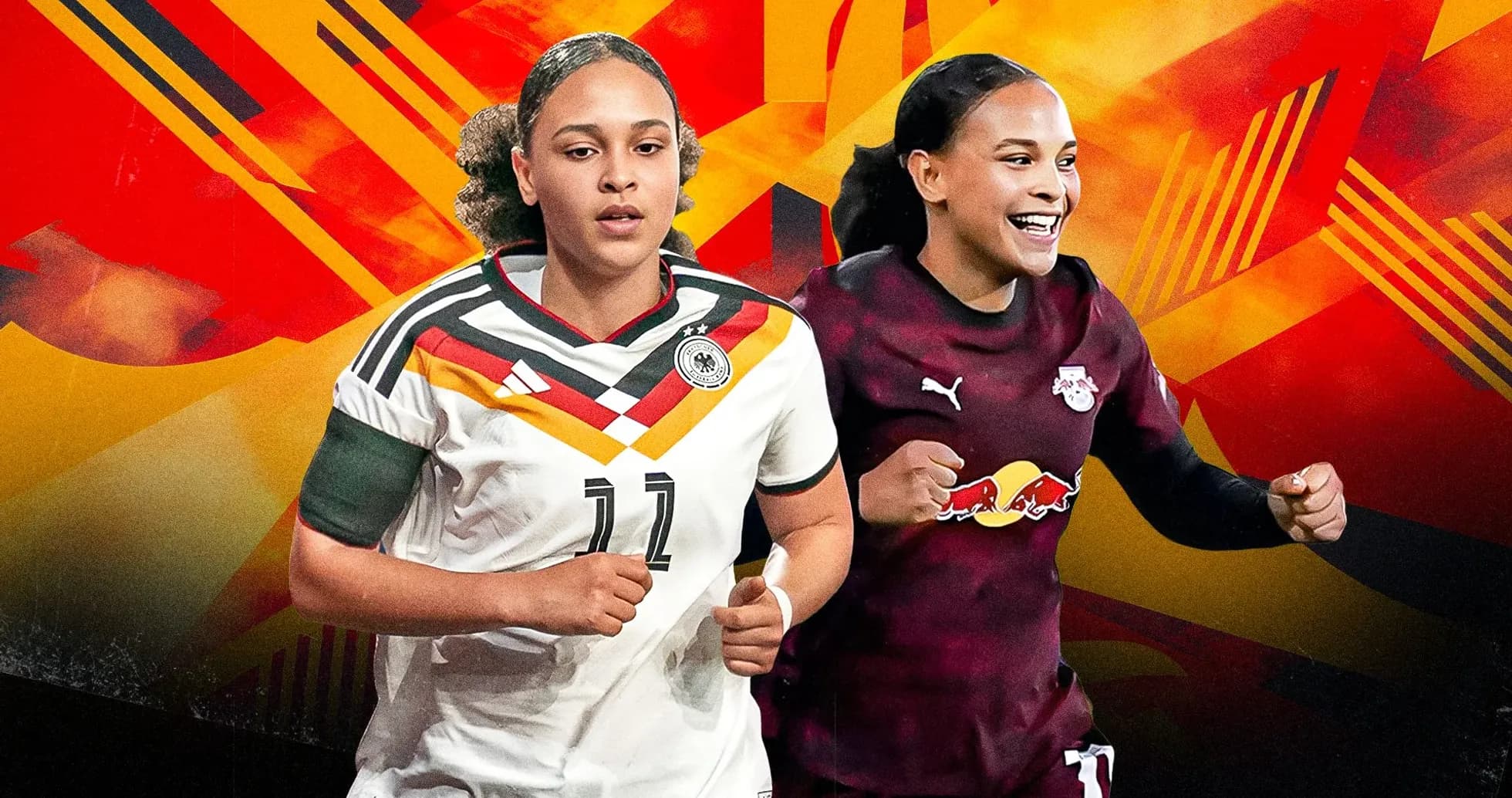 Two female soccer players in action poses