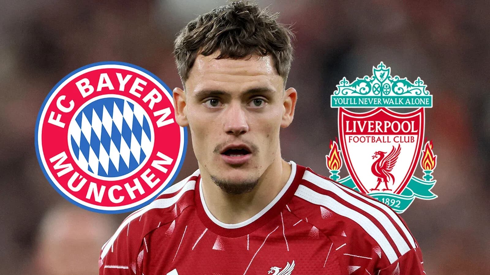 Player with FC Bayern and Liverpool logos background