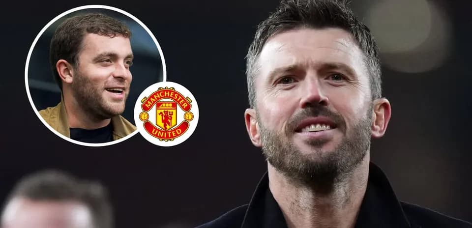 Michael Carrick and journalist with Manchester United logo