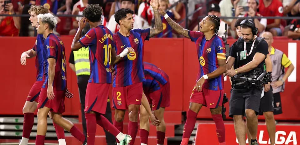 Barcelona players celebrating during a match
