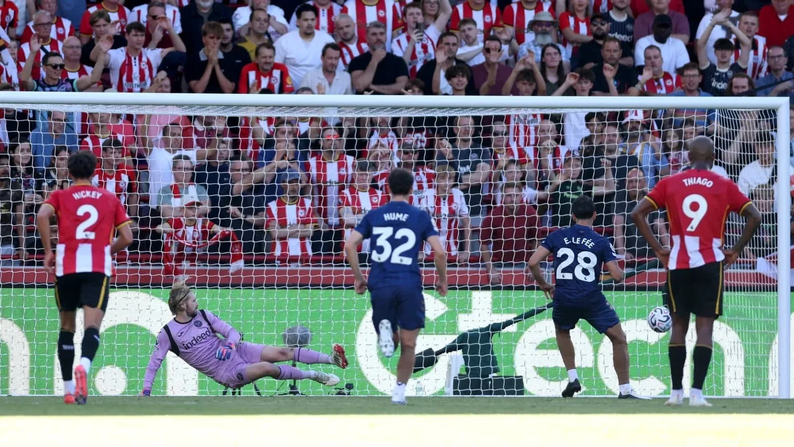 Penalty kick taken with goalkeeper diving to save