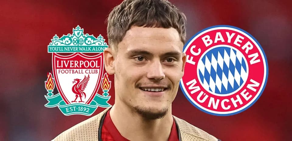 Player smiling with Liverpool and Bayern logos in background