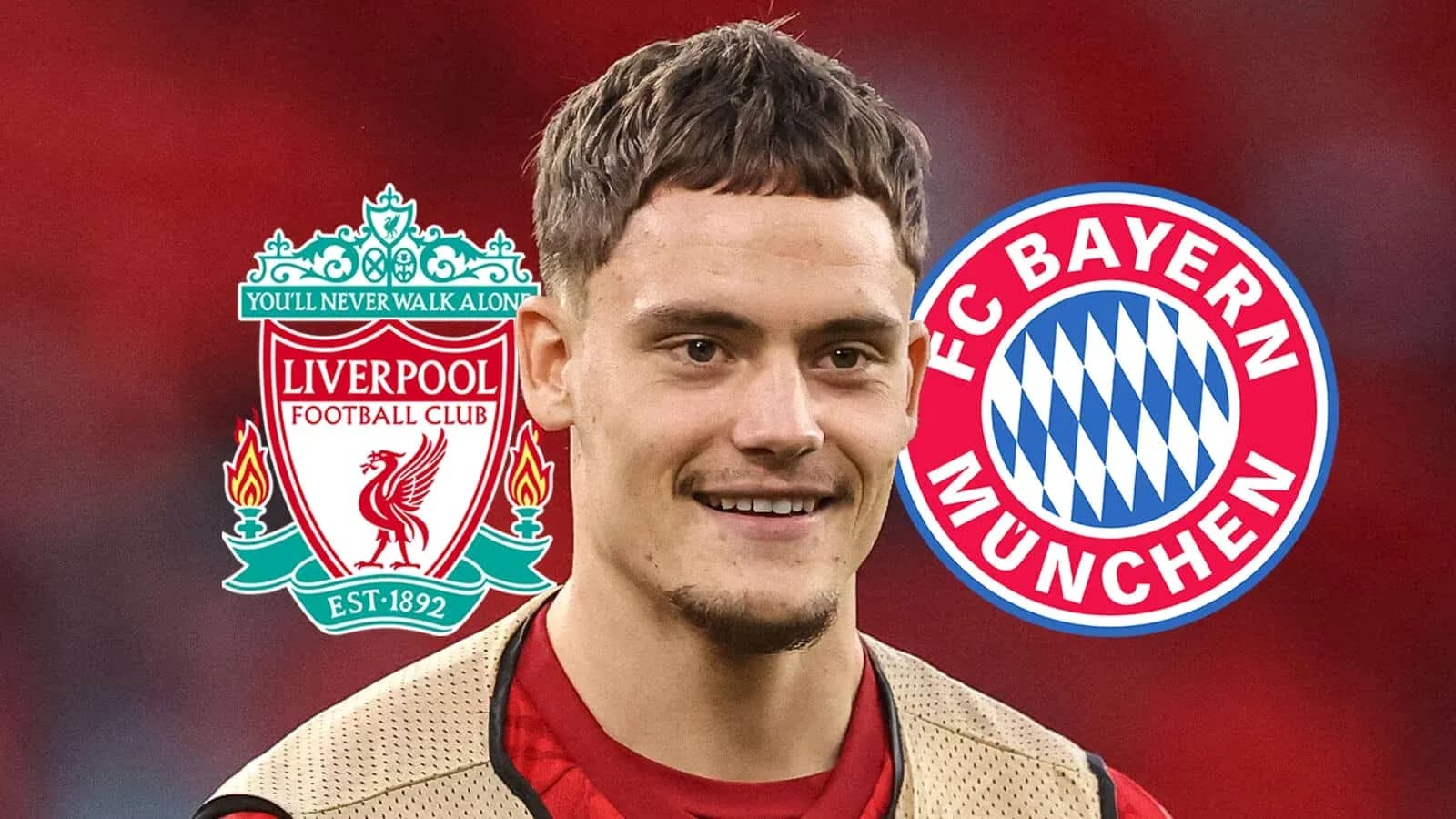 Player smiling with Liverpool and Bayern logos in background