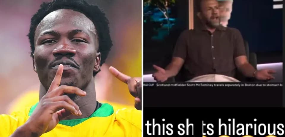 Soccer player celebrating alongside a talk show host
