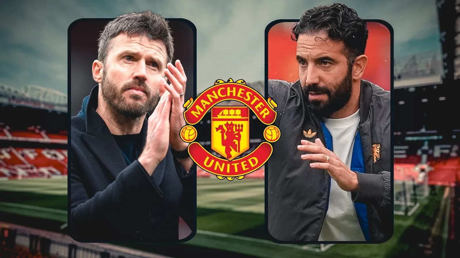 Two coaches in front of Manchester United logo