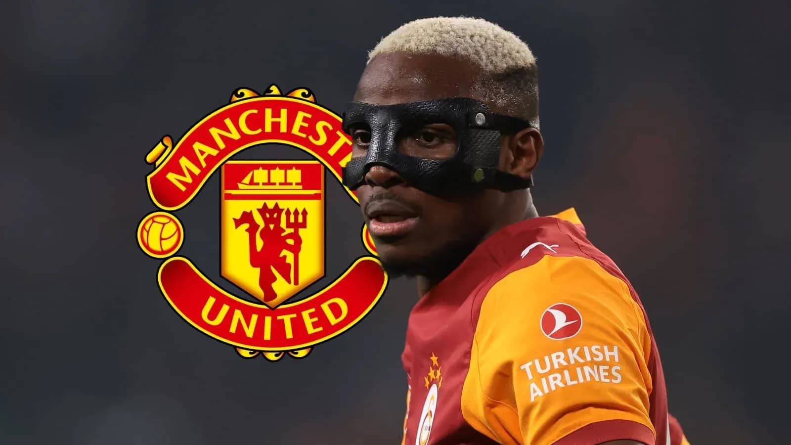Player wearing mask in front of Manchester United logo