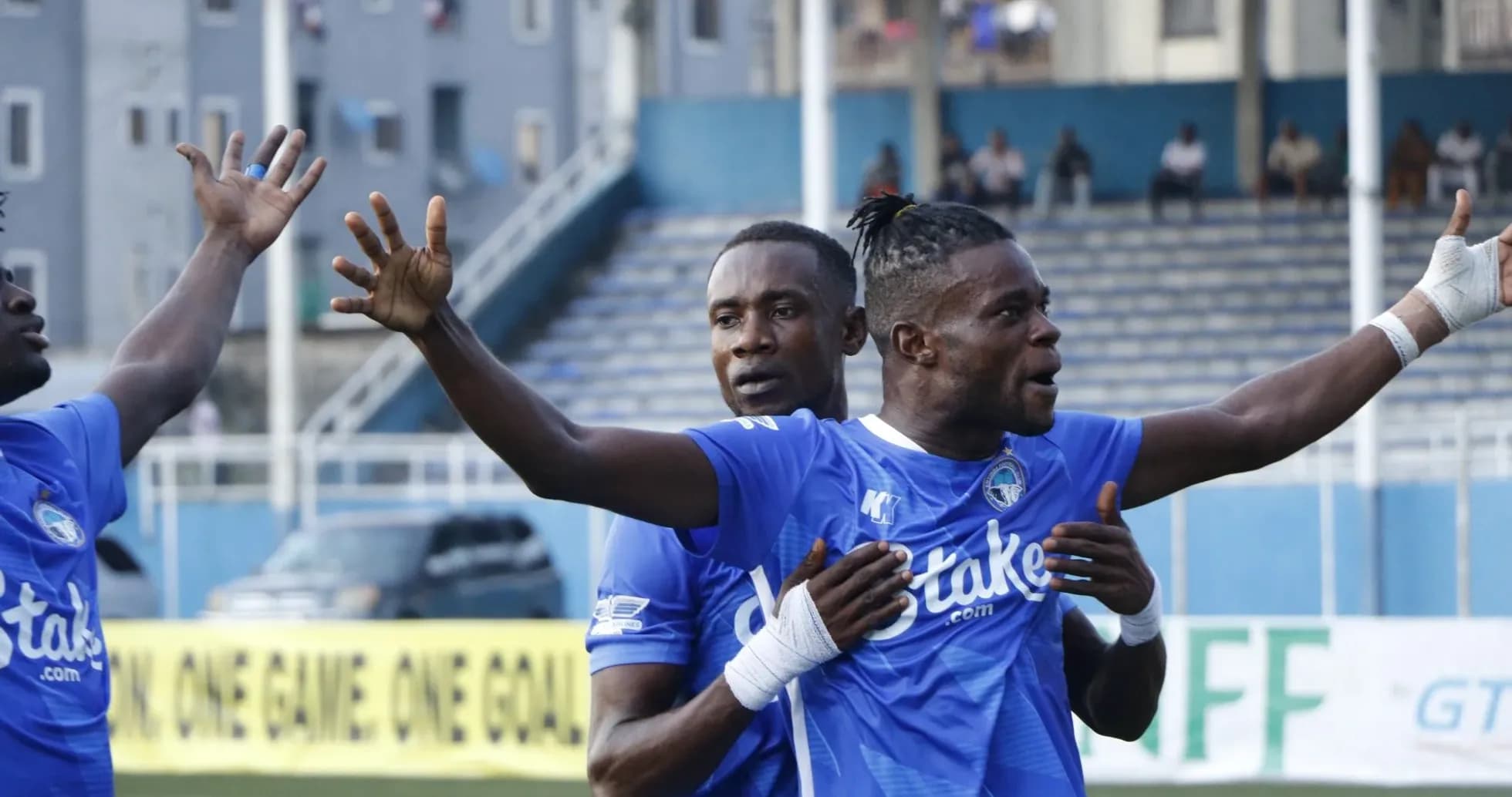 Enyimba players celebrating a goal during match