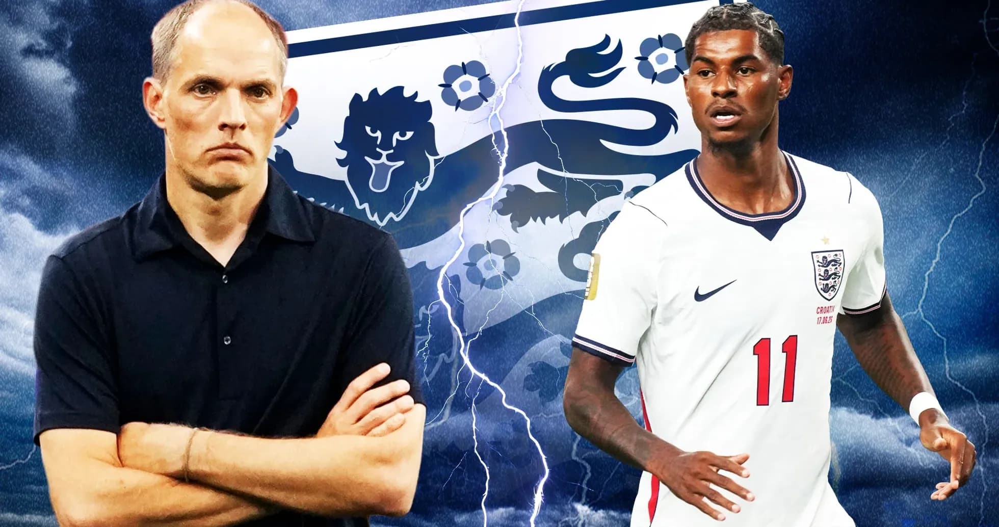 Coach and player in front of England team logo