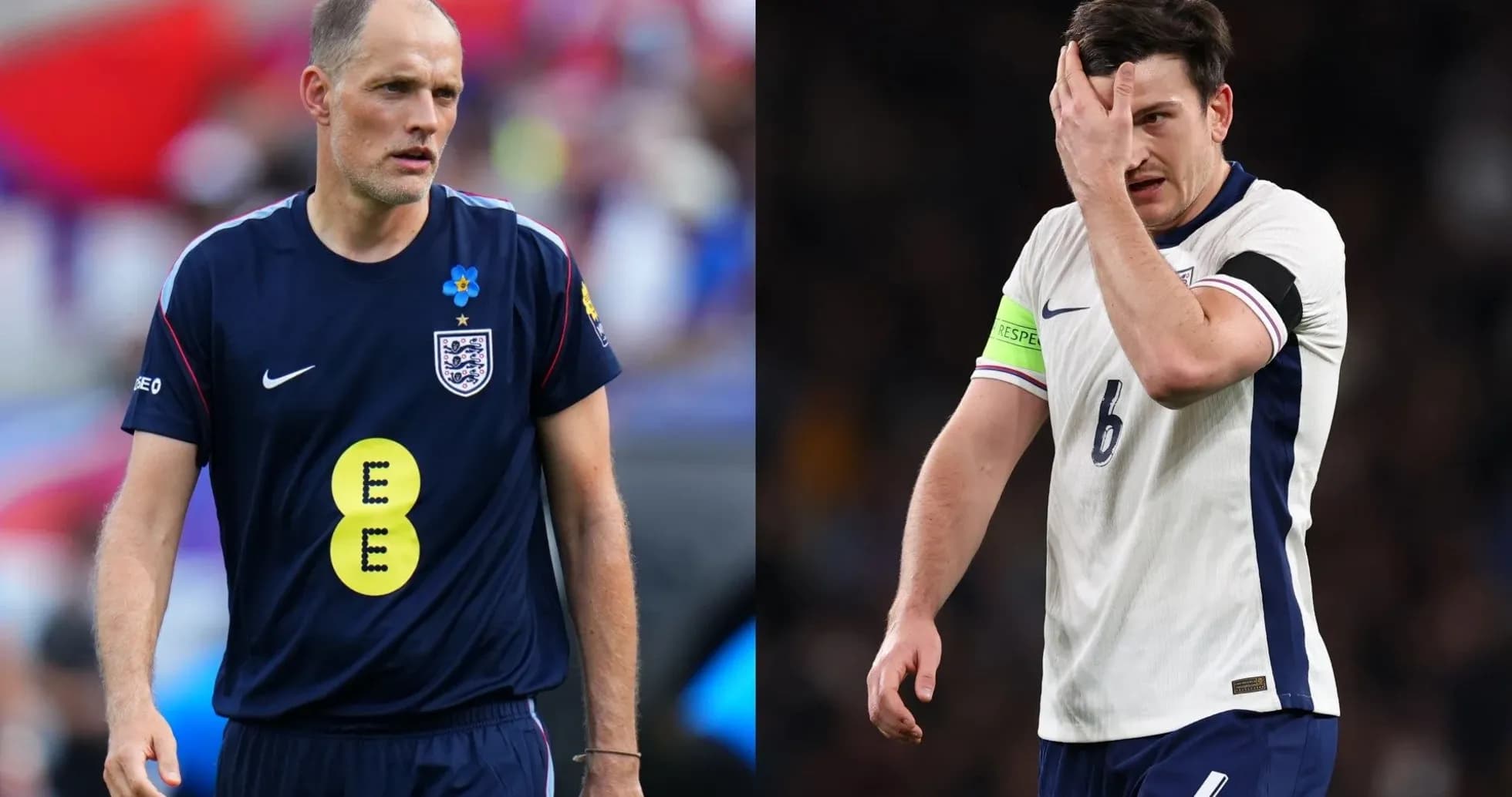 Two England players during a match, one in distress