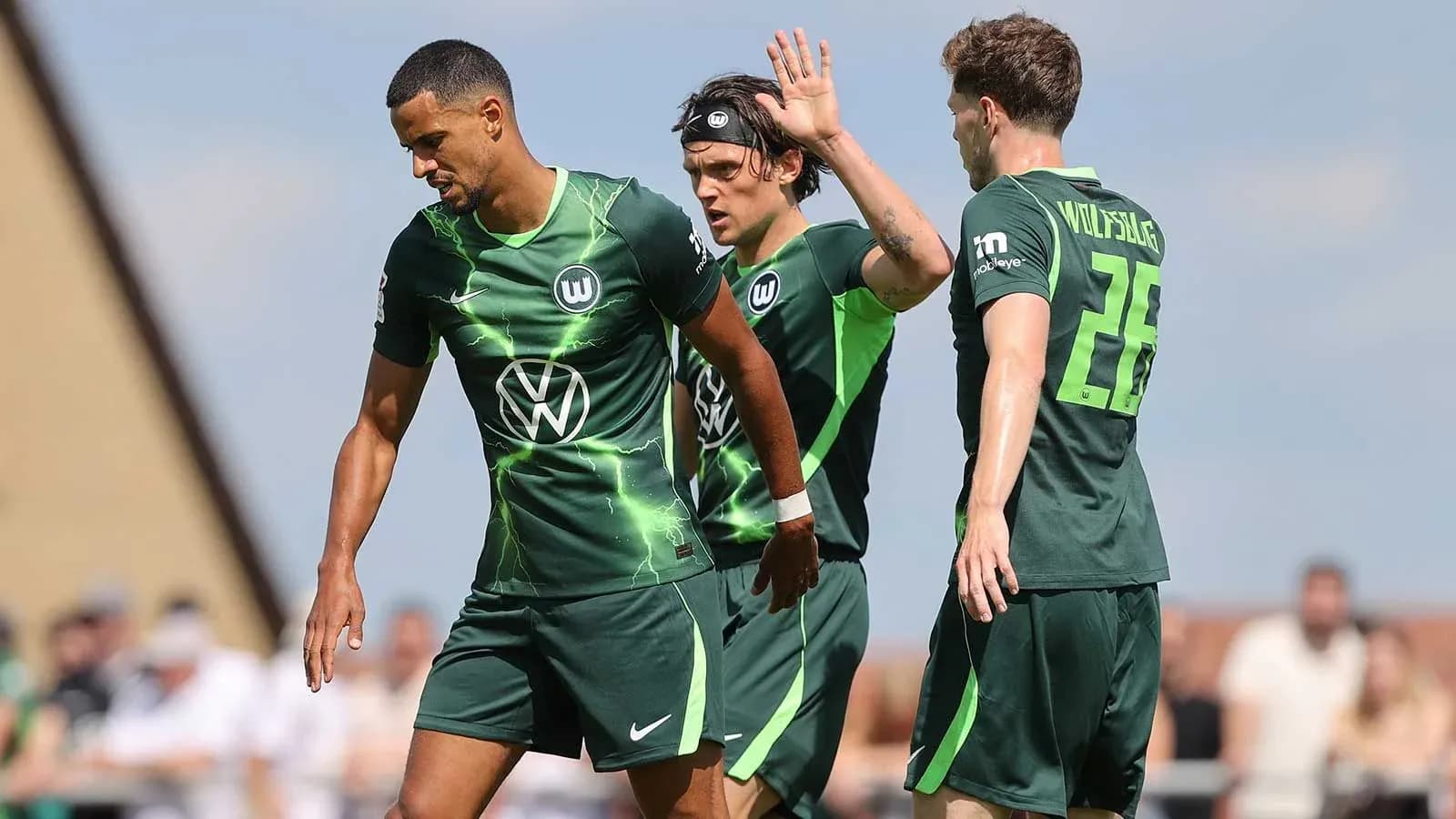 Wolfsburg players celebrating on the field during match