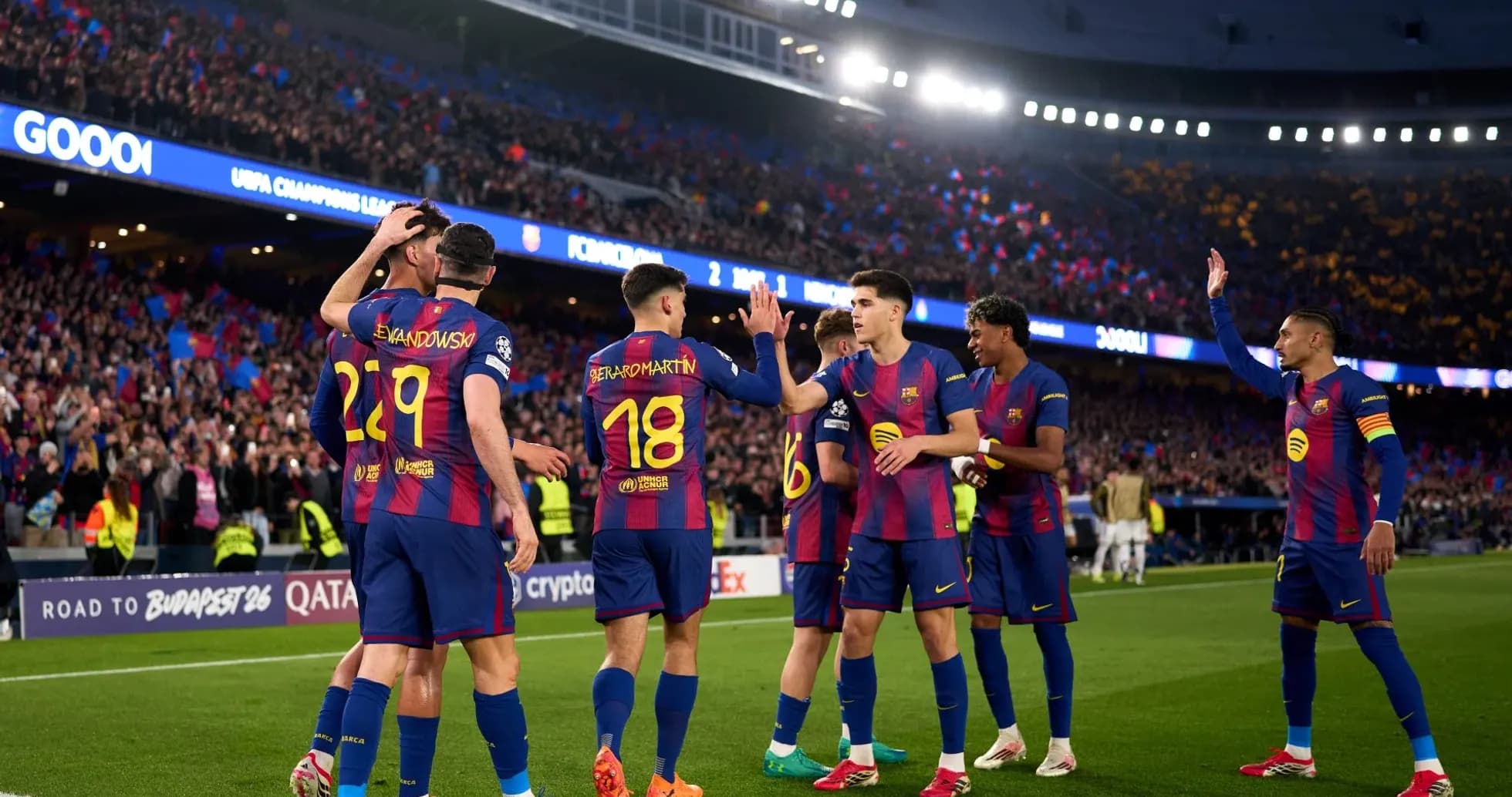 Barcelona players celebrating a goal during match