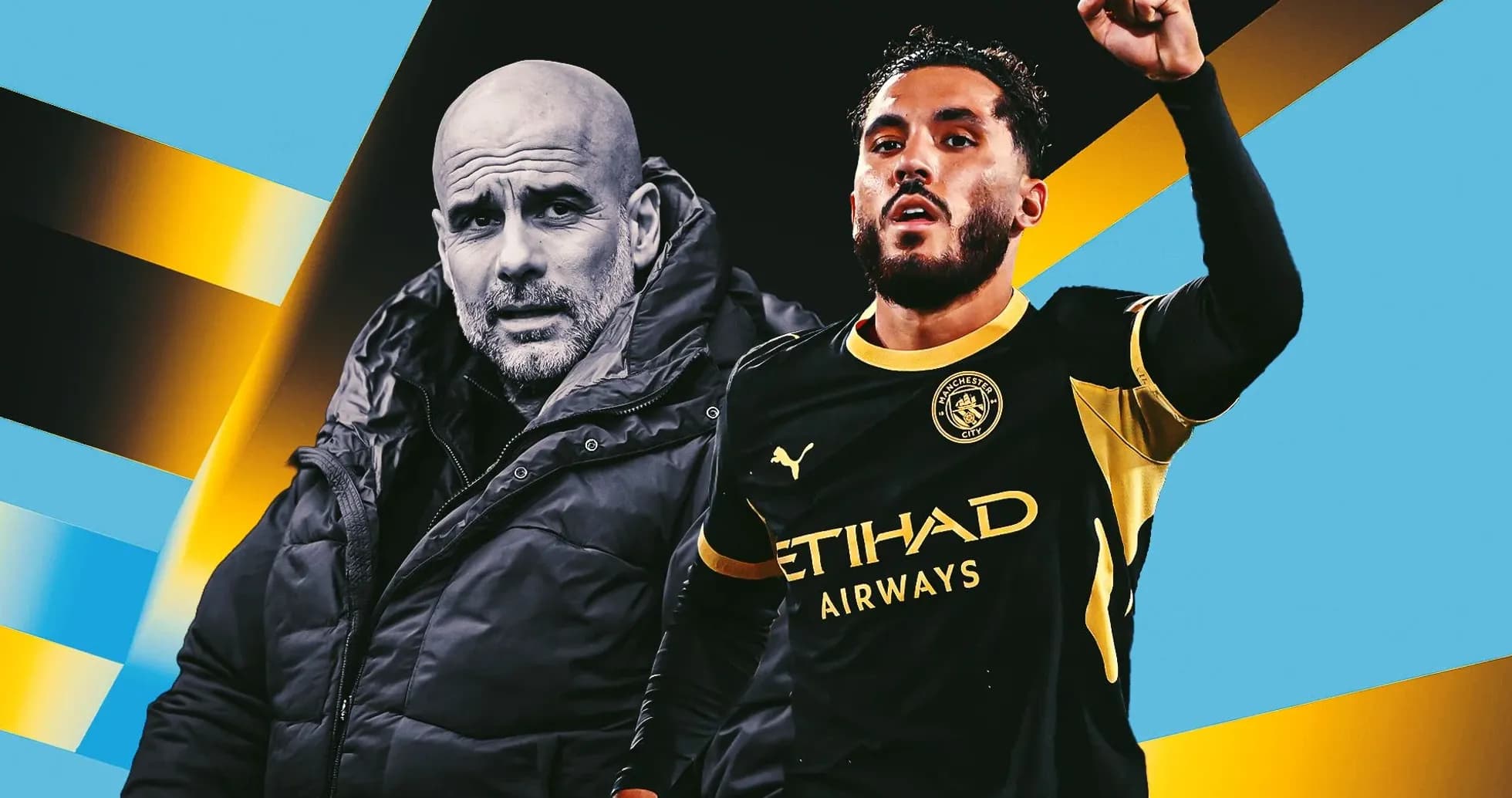 Pep Guardiola and player celebrating in Manchester City kit