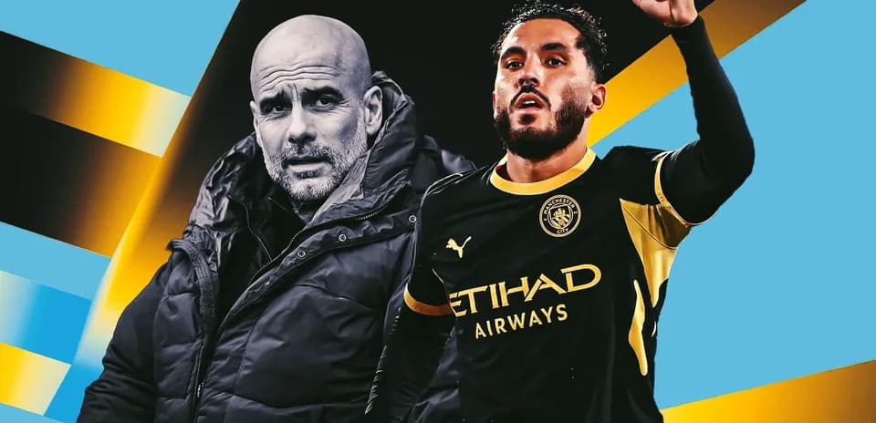 Pep Guardiola and player celebrating in Manchester City kit