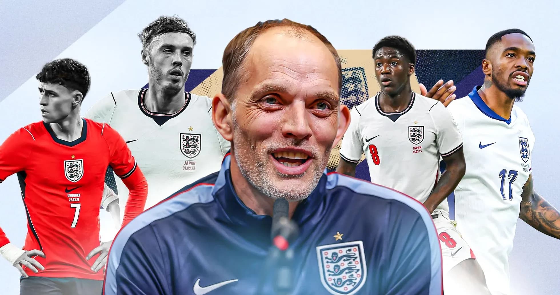 England football players and coach in team jerseys