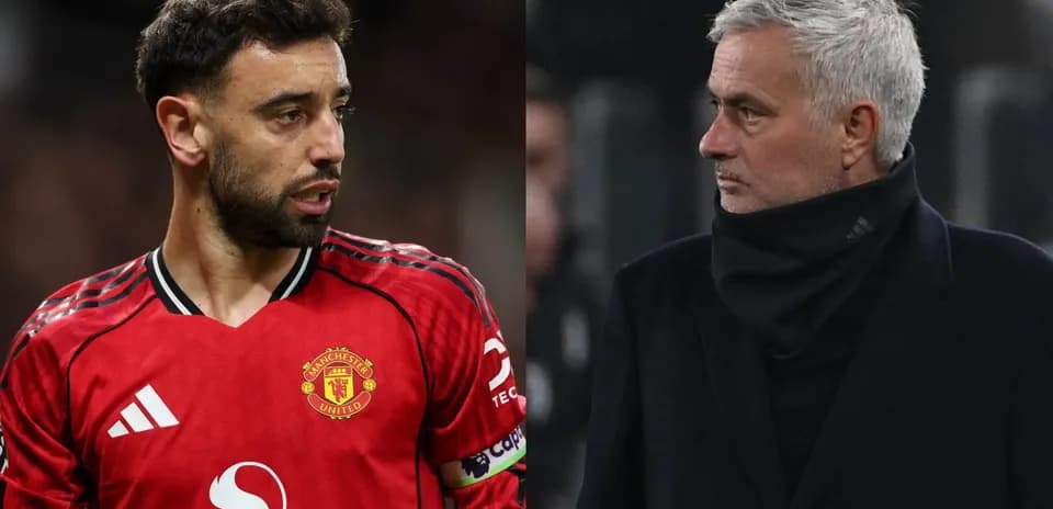 Bruno Fernandes and José Mourinho during match