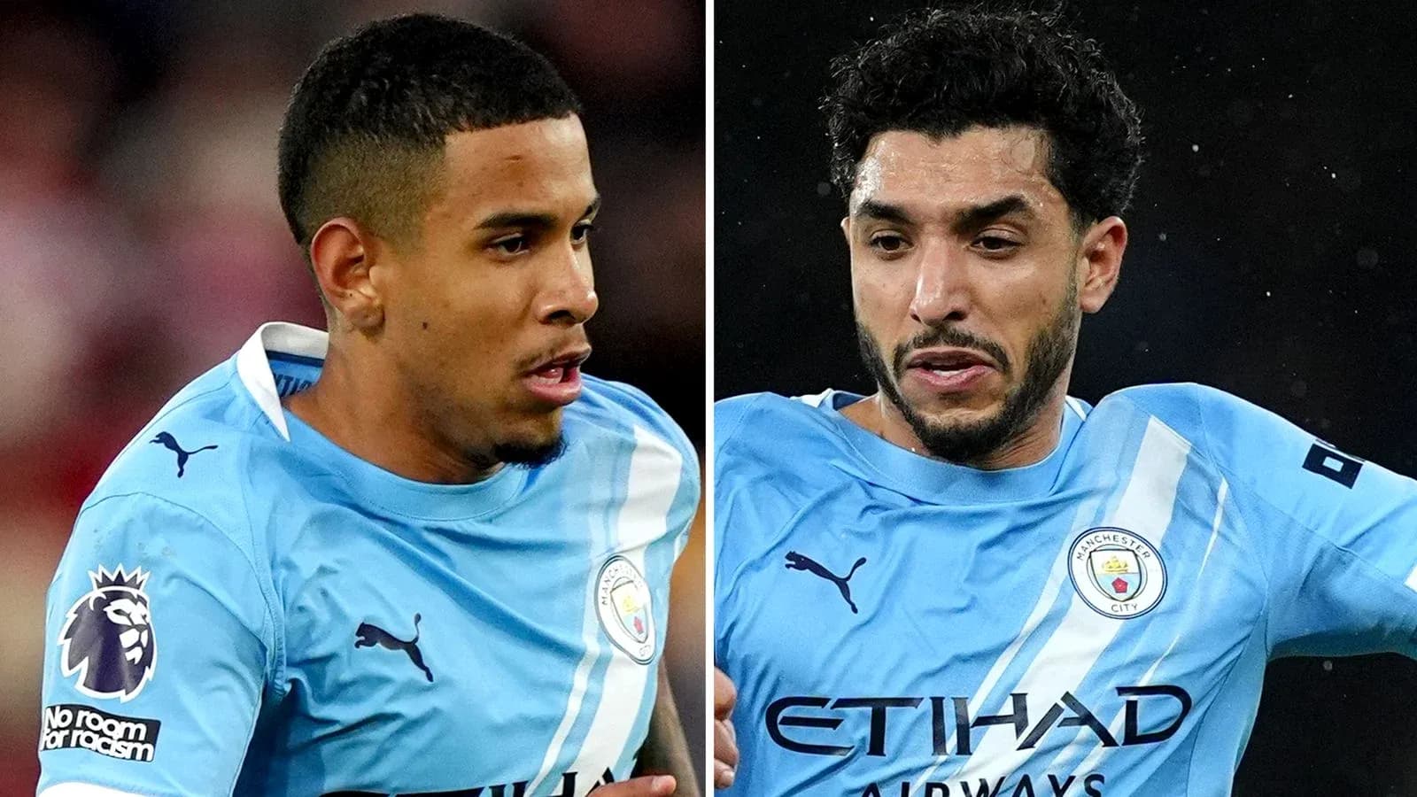 Two Manchester City players in blue kits during match