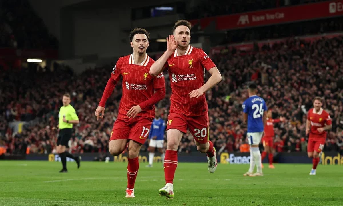 Liverpool players celebrating goal against Everton