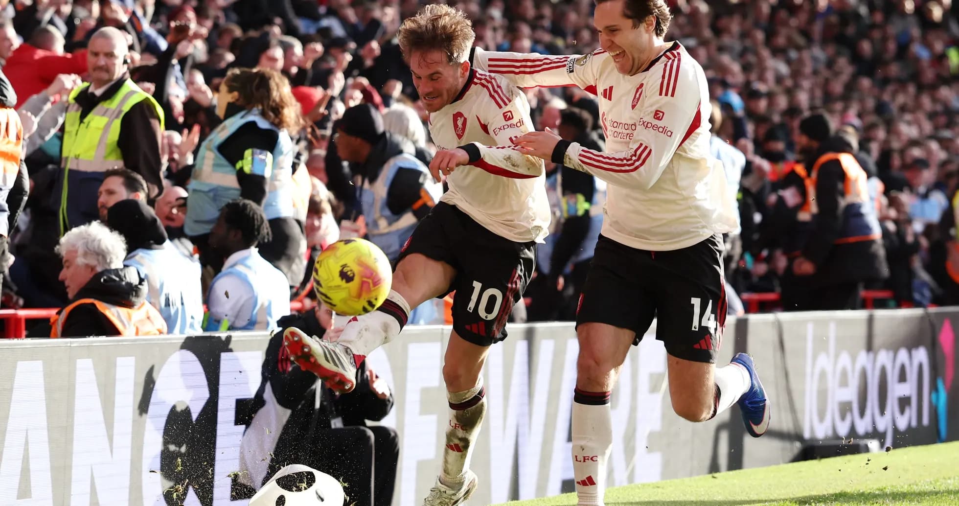 Liverpool players celebrating a goal during match