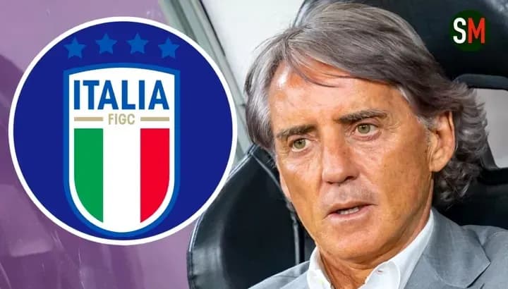 Roberto Mancini with Italy national team logo
