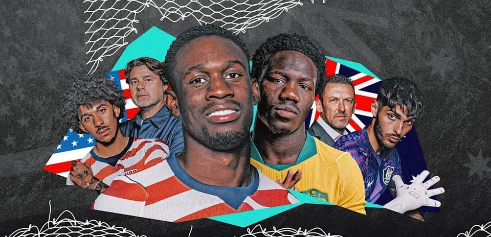 Collage of soccer players and coaches with flags