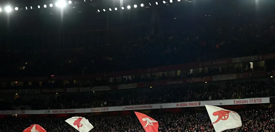 Fans waving flags in a packed stadium