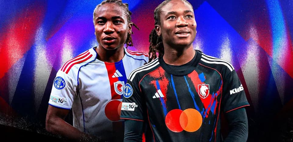 Two players in football kits against colorful background