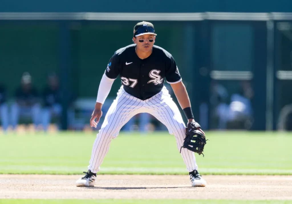 Player in fielding stance during baseball game