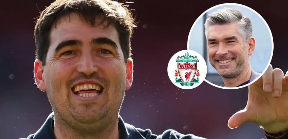 Football coach celebrating with Liverpool logo in corner