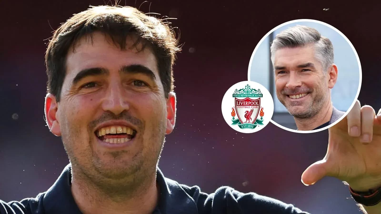 Football coach celebrating with Liverpool logo in corner