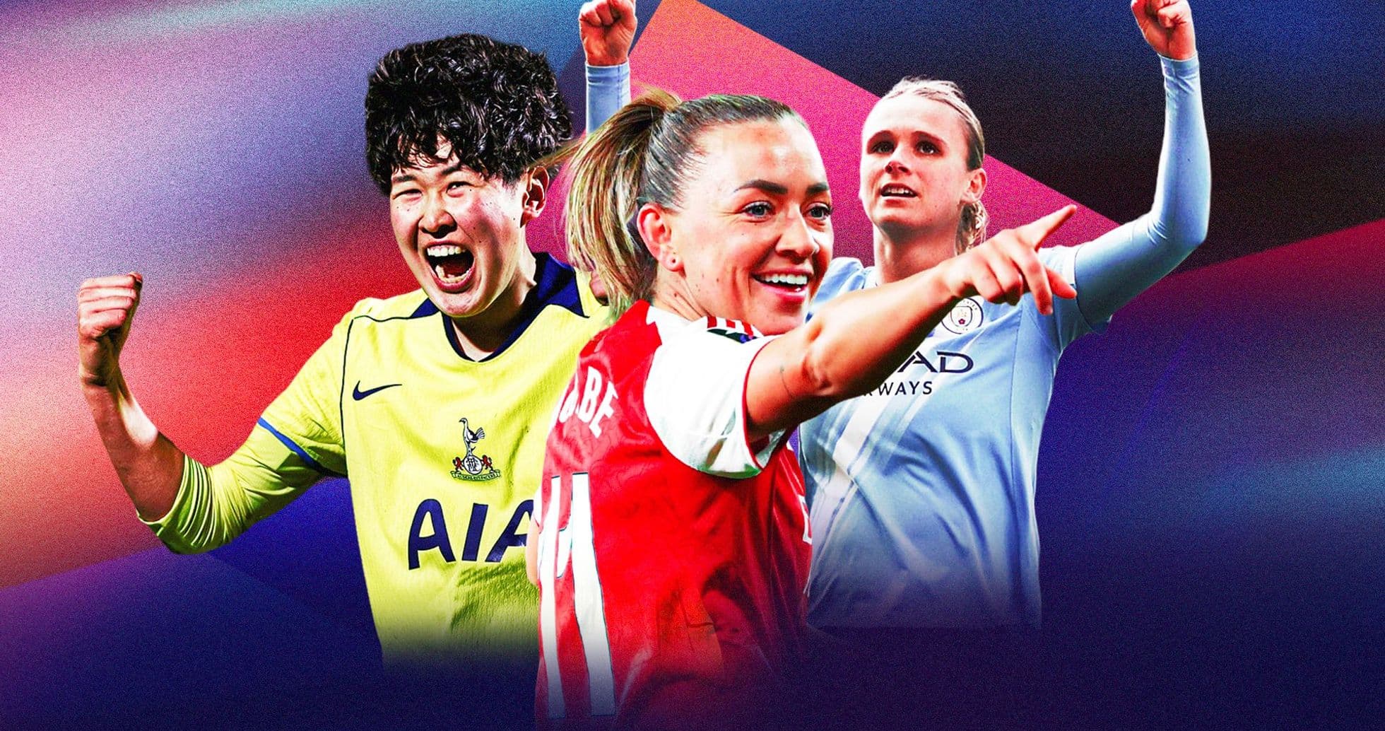 Three female football players celebrating in vibrant colors