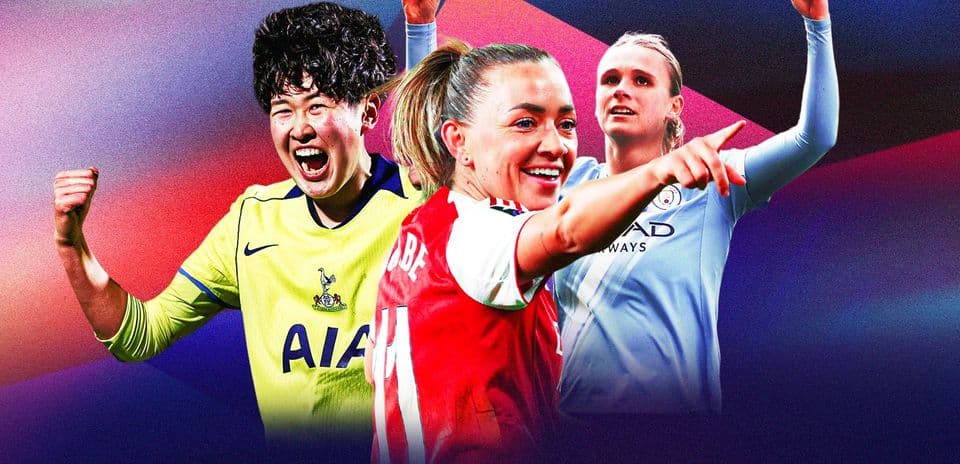 Three female football players celebrating in vibrant colors