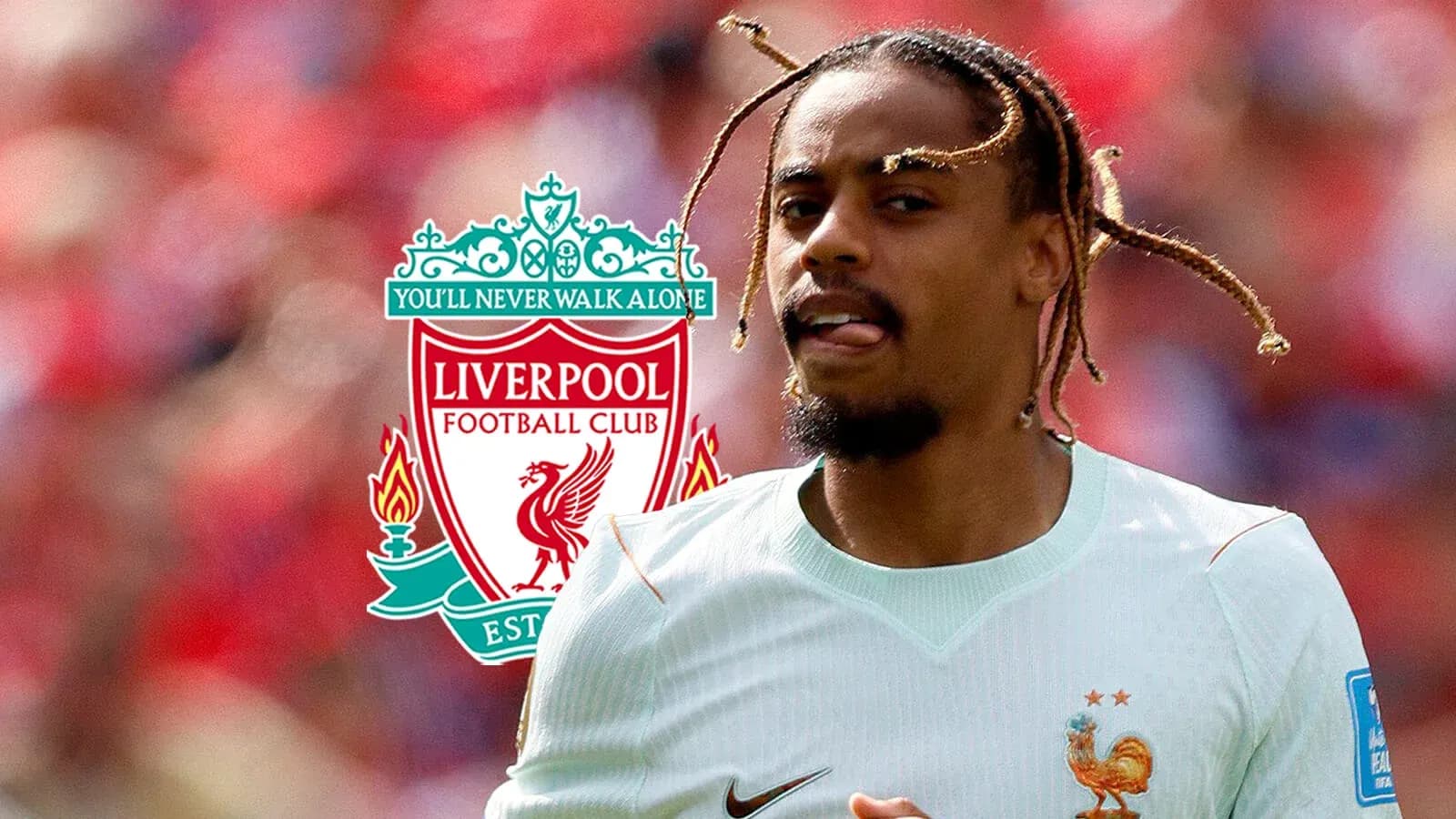 Player in action with Liverpool logo in background