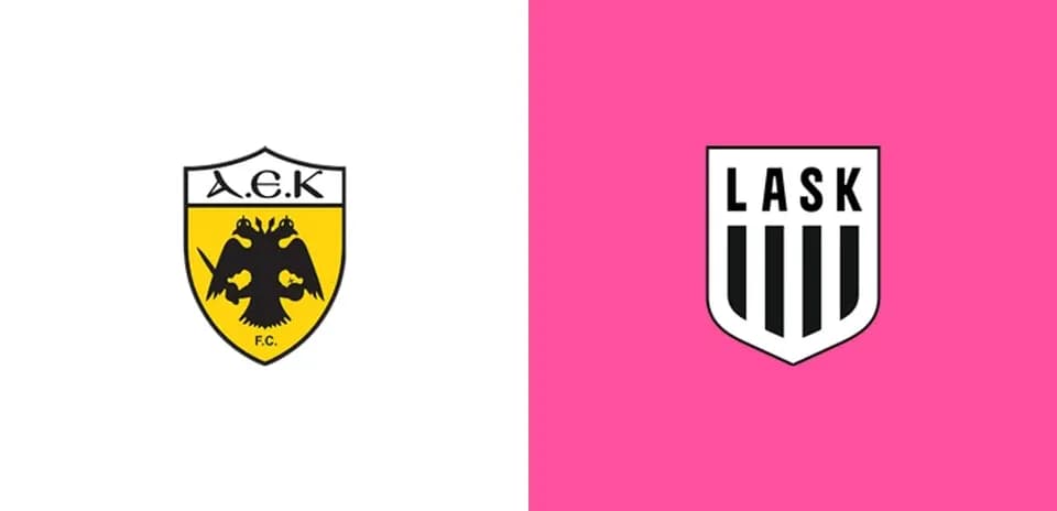 Logos of AEK Athens and LASK Linz on contrasting backgrounds