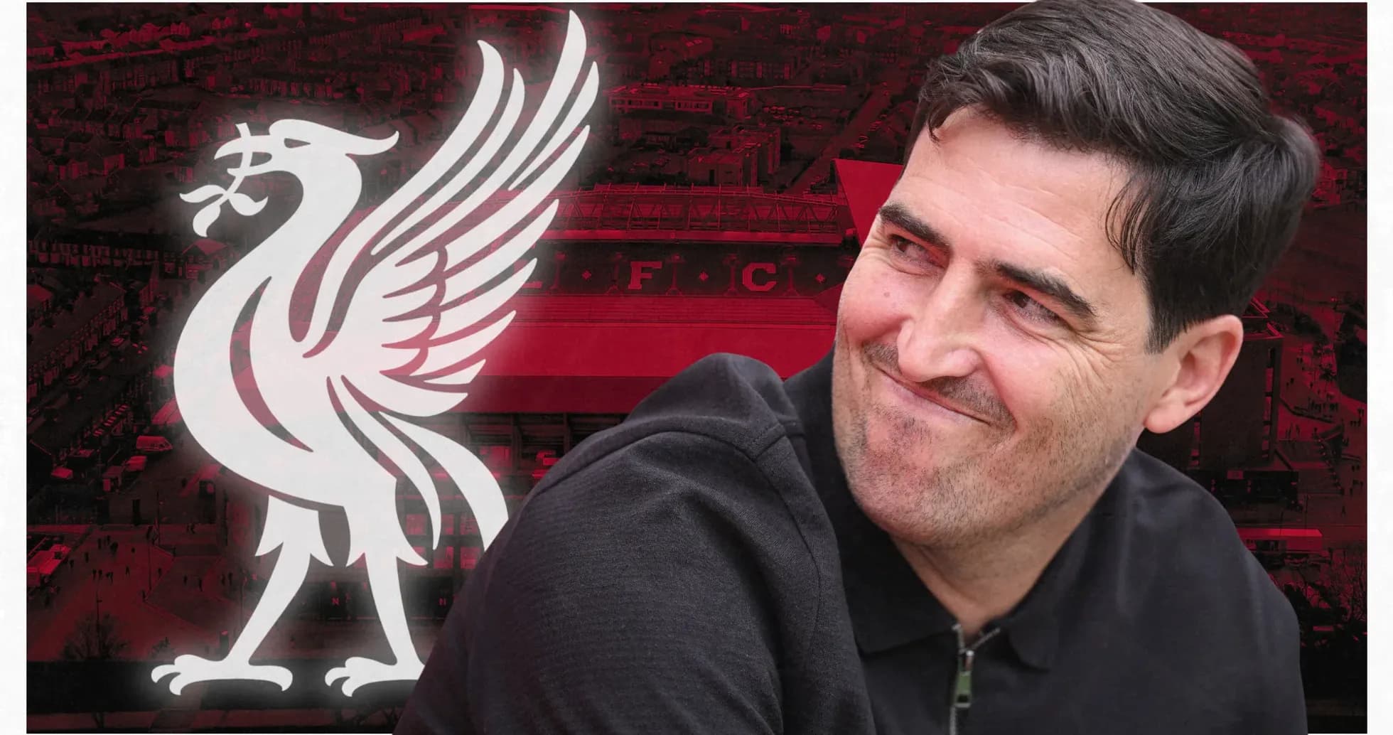 Man smiling in front of Liverpool FC logo