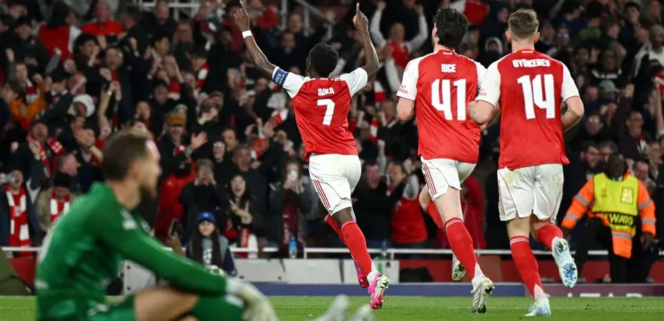 Bukayo Saka celebrating goal against Atletico Madrid