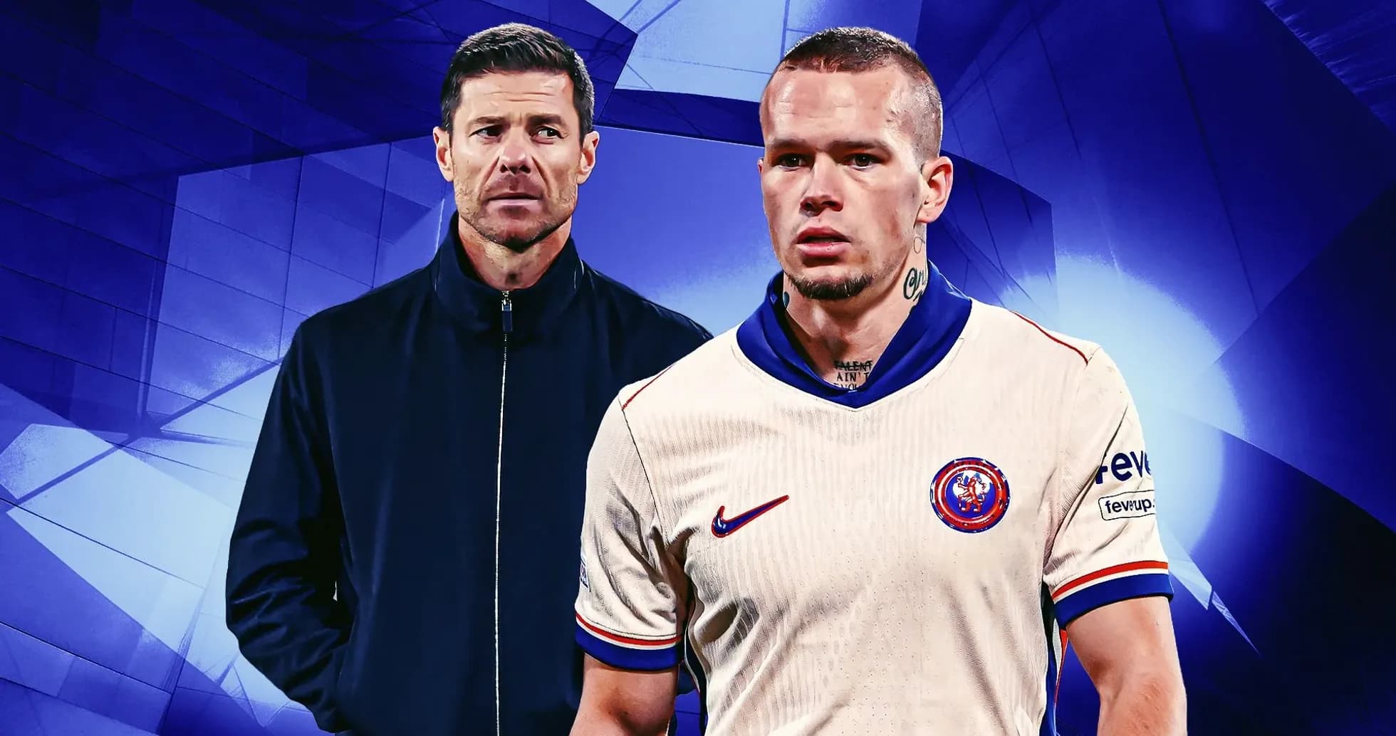 Coach and player in team jerseys with blue background