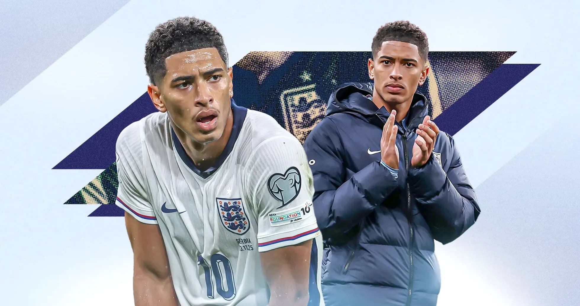 Player in England kit and teammate applauding