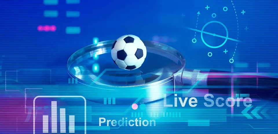 Magnifying glass over soccer ball with digital graphics